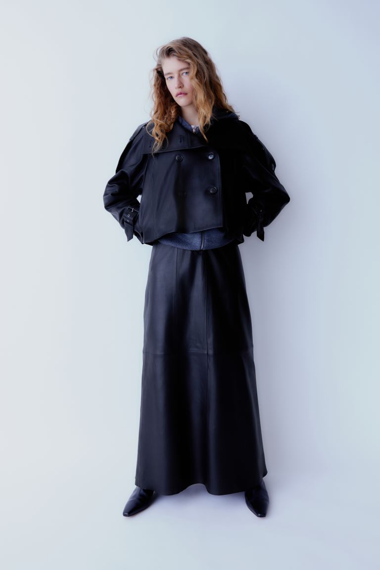 Кожаная юбка-трапеция H&M, черный
