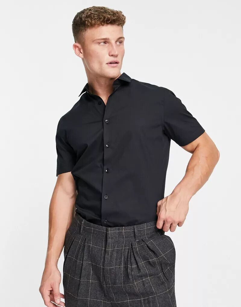 

Элегантная черная эластичная рубашка с короткими рукавами Topman, Серый