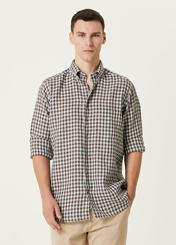

Льняная рубашка с узором в клетку Gingham Eton, коричневый