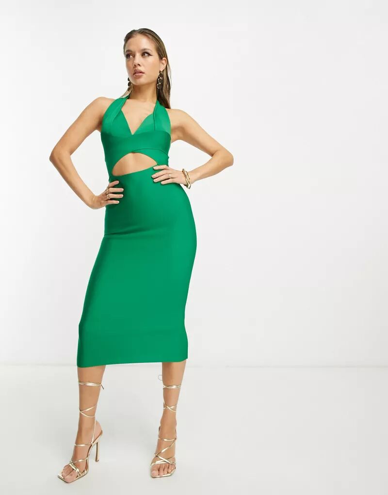 Зеленое платье миди с вырезами Rare London