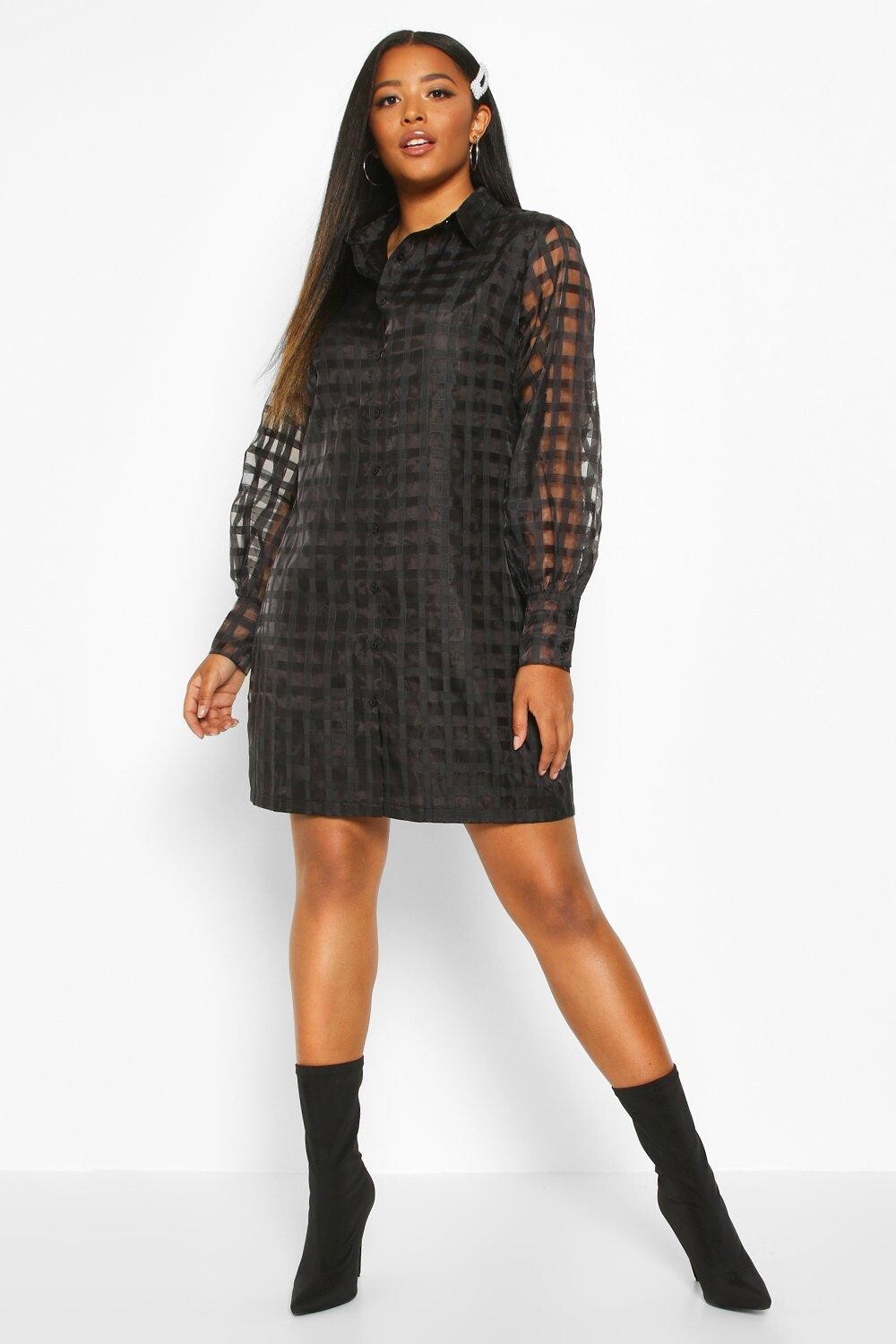 

Платье-рубашка Plus в клетку из органзы boohoo, черный