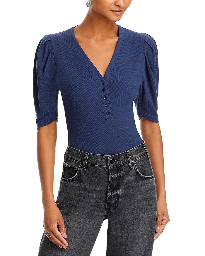 

Футболка Henley рельефной вязки с рюшами и рукавами FRAME, синий