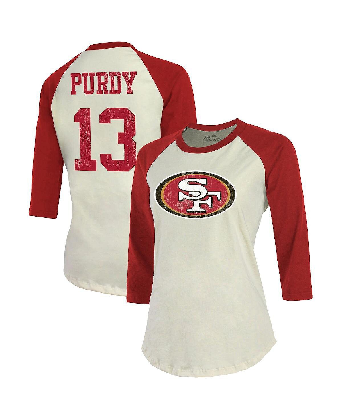 

Женская футболка с принтом Brock Purdy Cream, Scarlet San Francisco 49ers, имя и номер игрока, футболка реглан с рукавом 3/4 Majestic