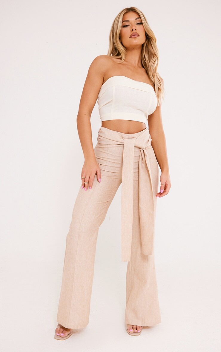 

PrettyLittleThing Расклешенные брюки с тканой завязкой спереди Stone Marl