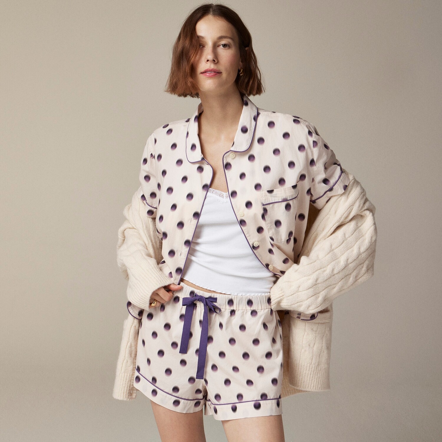 

Пижамный комплект из хлопкового поплина в горошек J.Crew, фиолетовый