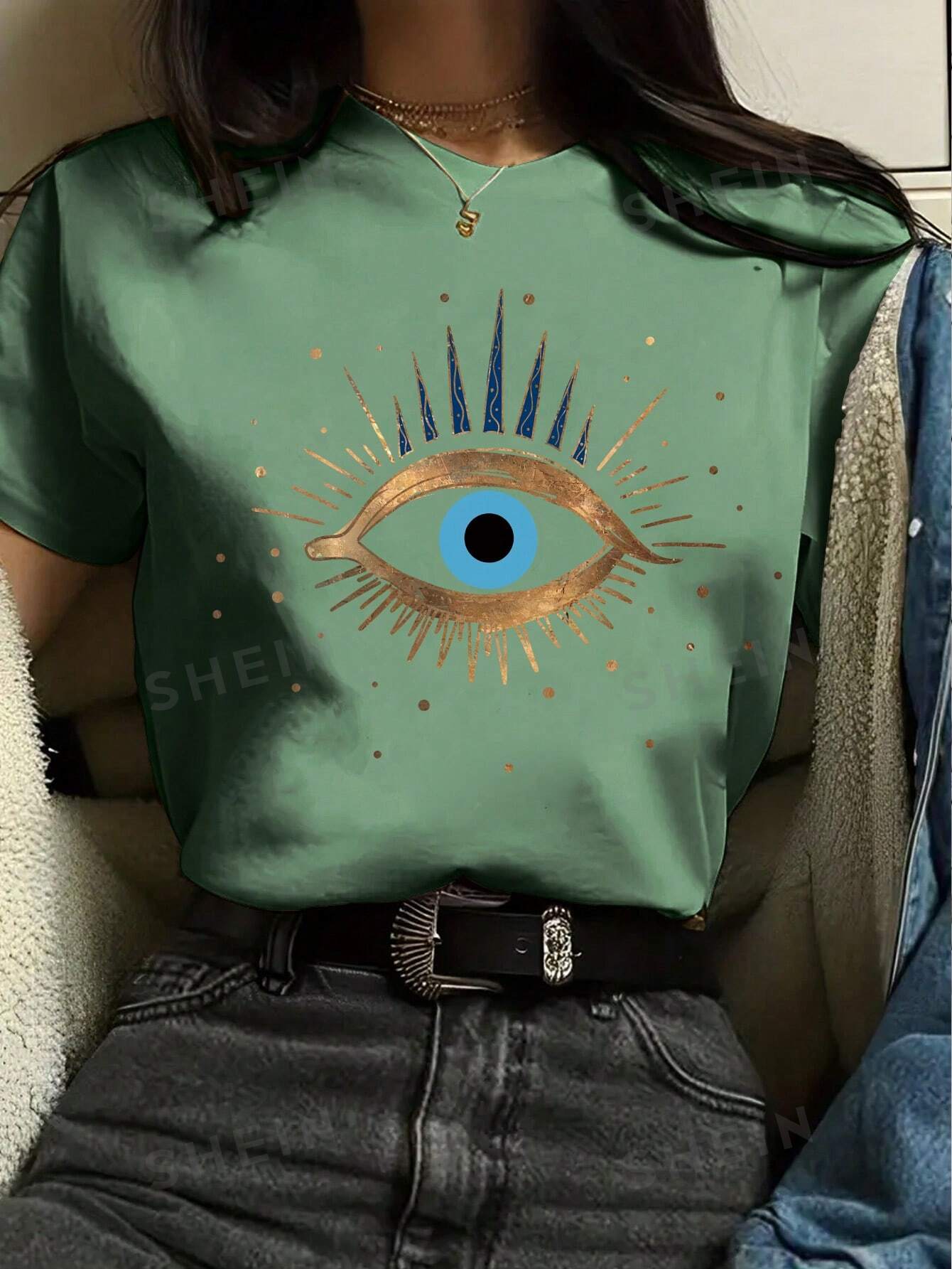 SHEIN Essnce Женская футболка с круглым вырезом и короткими рукавами с принтом Солнца и Луны, темно-зеленый