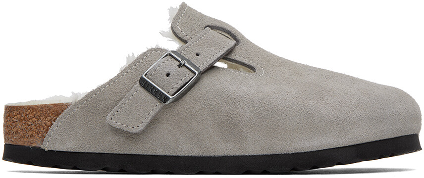 

Серые узкие бостонские лоферы из овчины Birkenstock