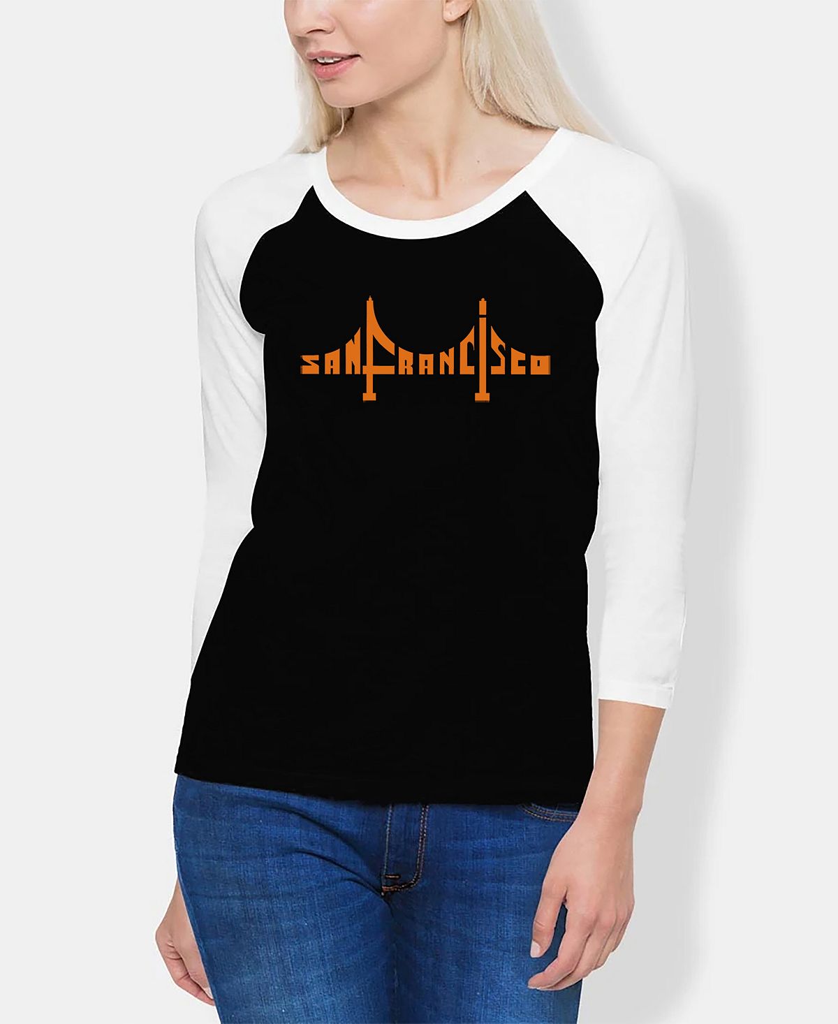 Женская футболка с регланом san francisco bridge word art LA Pop Art, черно-белый