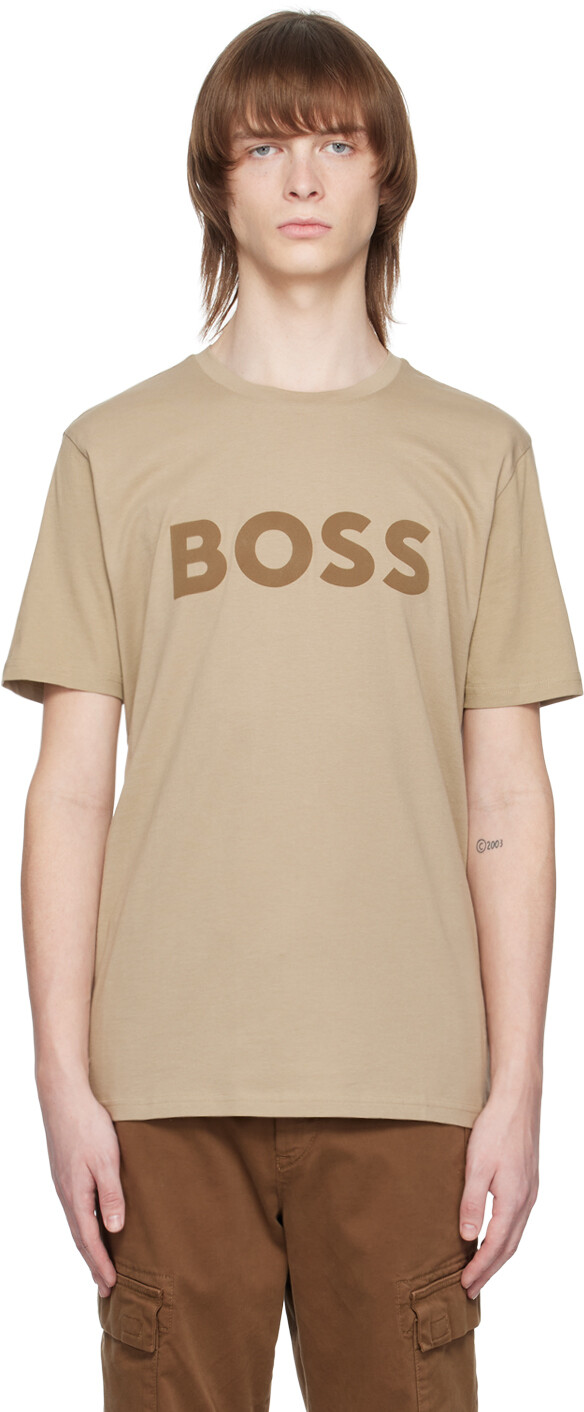 

Бежевая футболка с принтом BOSS