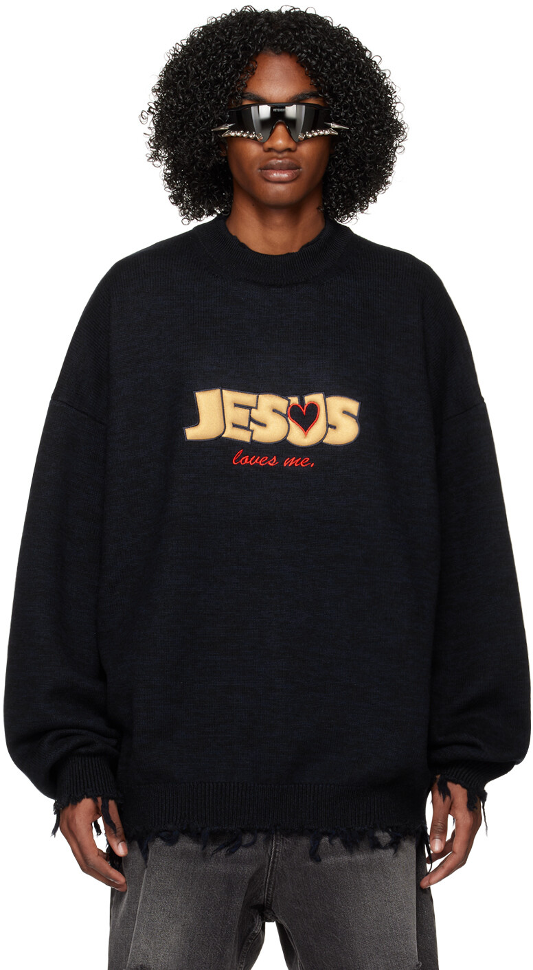 

Черно-темно-синий свитер с надписью «Jesus Loves You» VETEMENTS, Черный