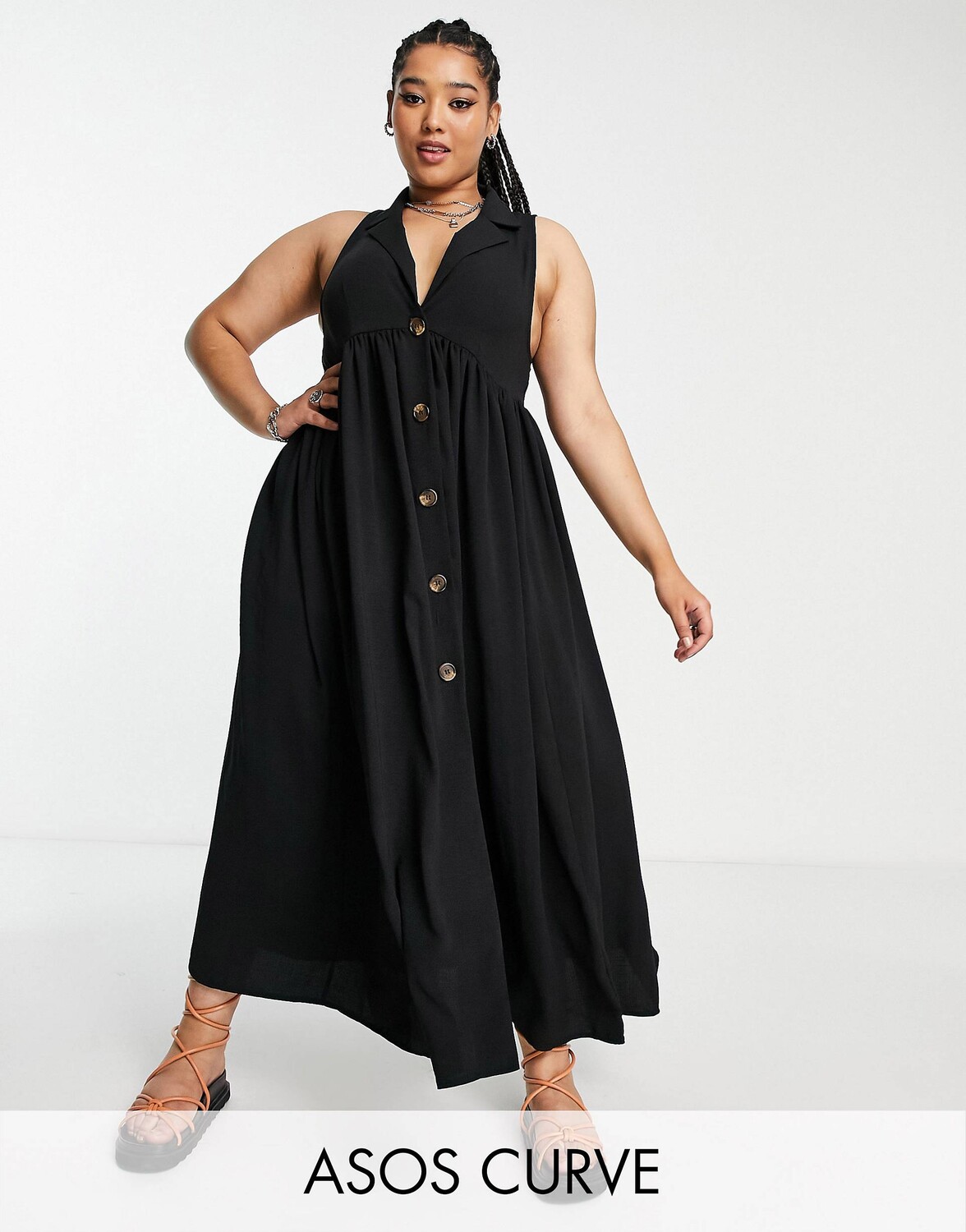 

Черное платье миди с воротником и пуговицами ASOS DESIGN Curve, Черный