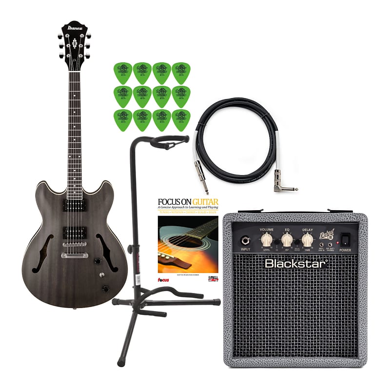 Полуакустическая электрогитара Ibanez AS53 Artcore (плоская прозрачная) (черная) с тренировочным усилителем, штативом для гитары, гитарным кабелем, обучающим и игровым компакт-диском и комплектом гитарных медиаторов black juneau shady hollow