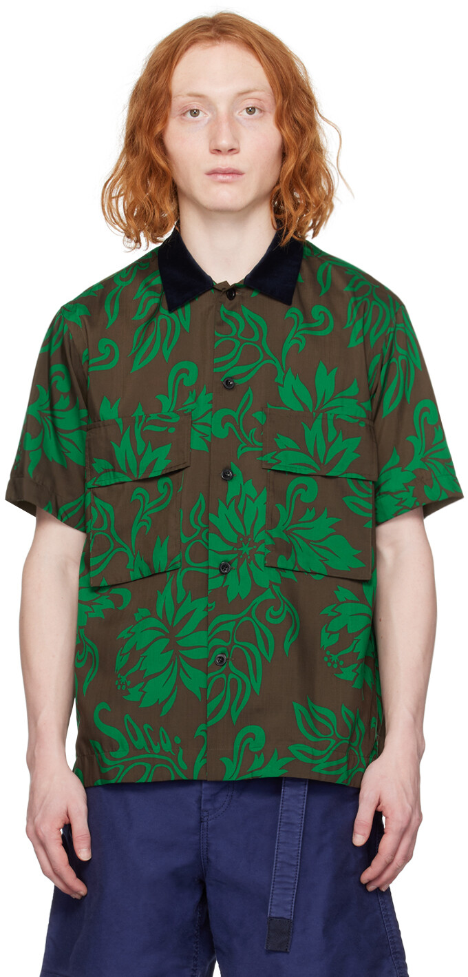 

Зелено-коричневая рубашка с цветочным принтом Sacai, цвет Green