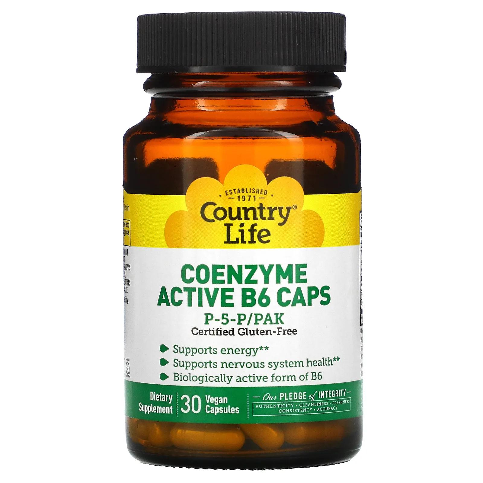 коэнзим с активным витамином b6 country life 30 капсул Country Life Country Life не содержит глютена коферментный активный витамин B6 в капсулах P-5-P/PAK 30 вегетарианских капсул