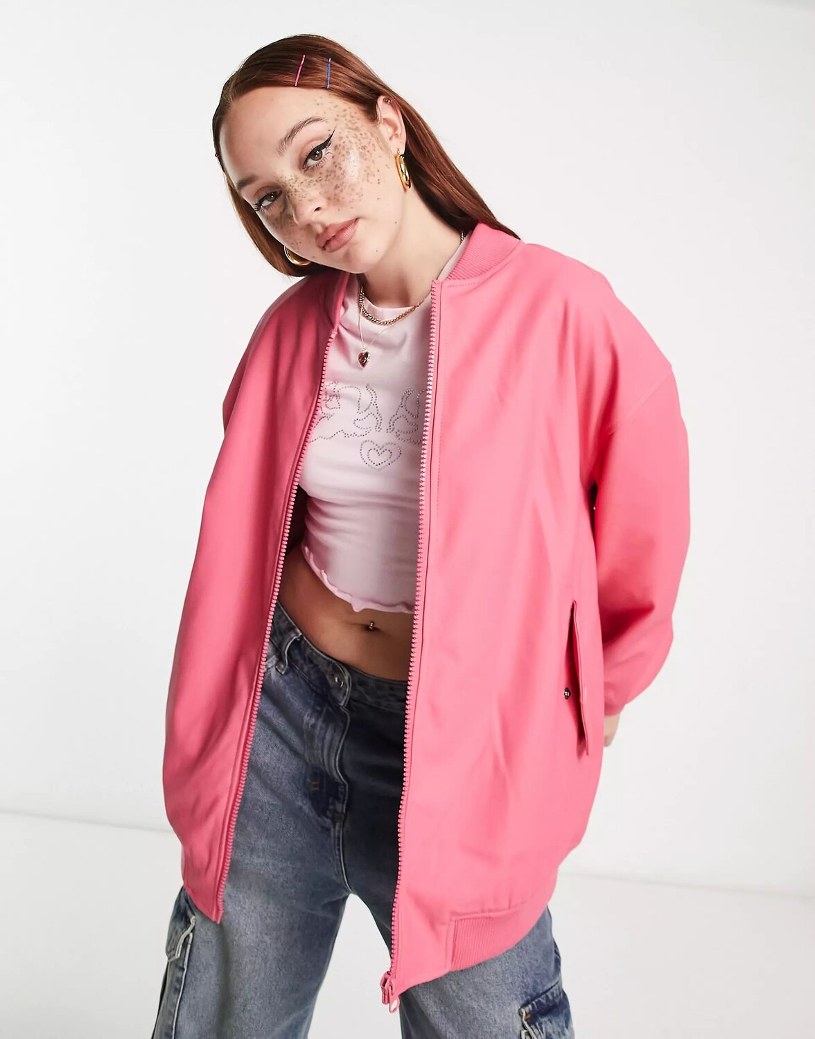 

Куртка-бомбер Stradivarius Str Oversized Faux Leather, розовый