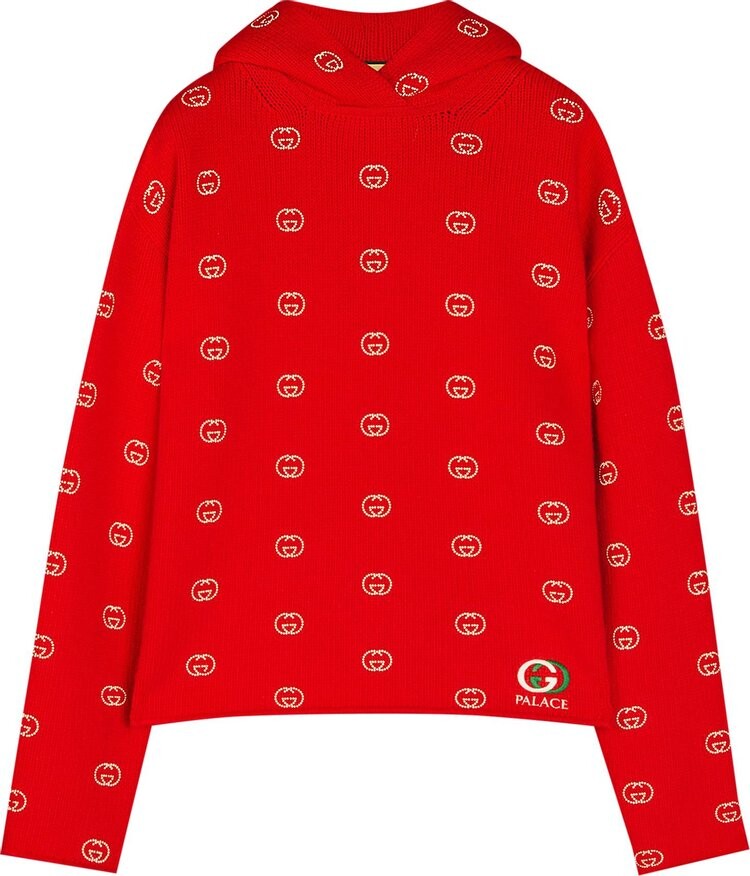 

Худи Gucci x Palace Wool Knit Strawberry Hoodie With Studs And Crochet Detail Red, красный
