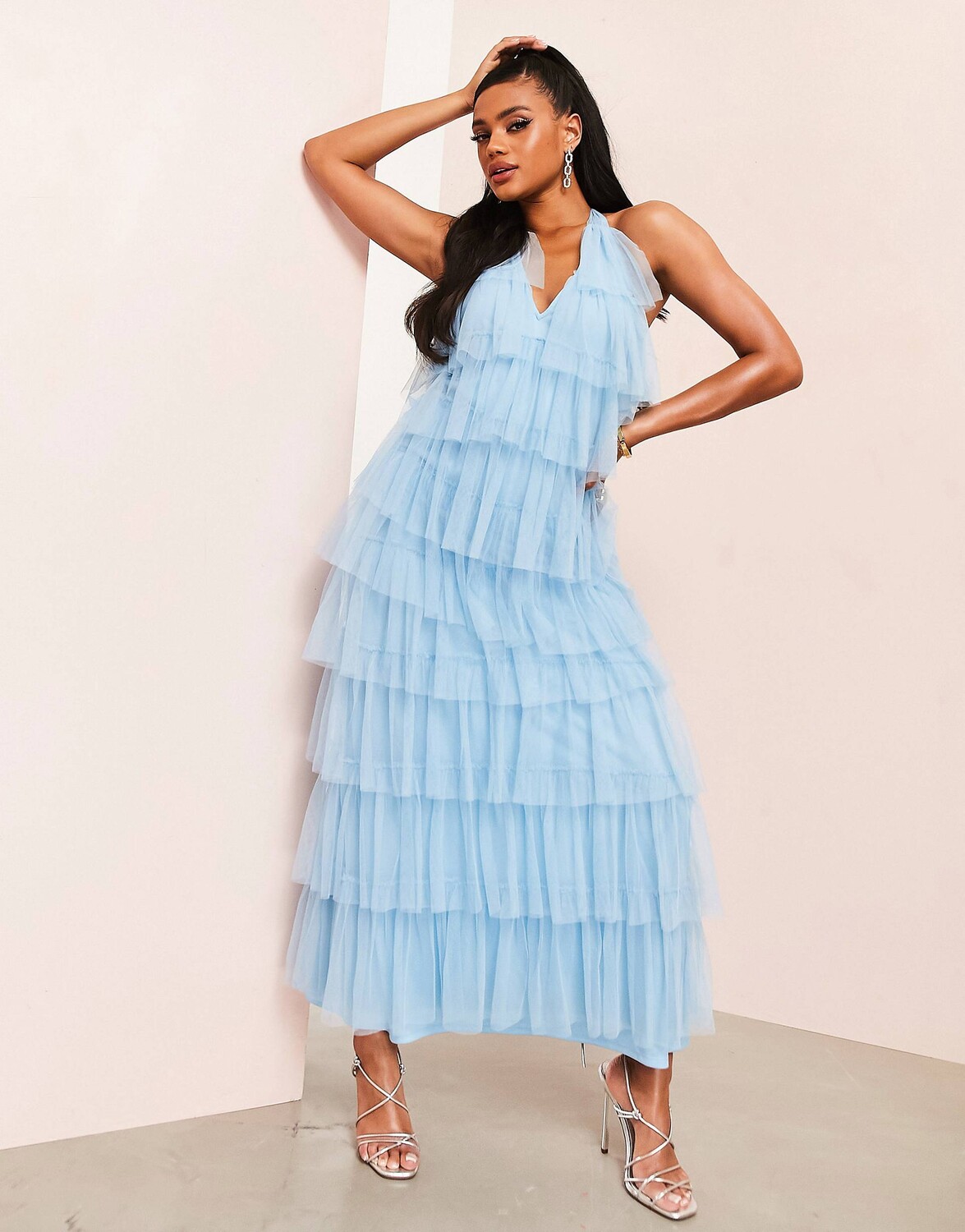 

Синее платье макси из тюля с рюшами ASOS LUXE