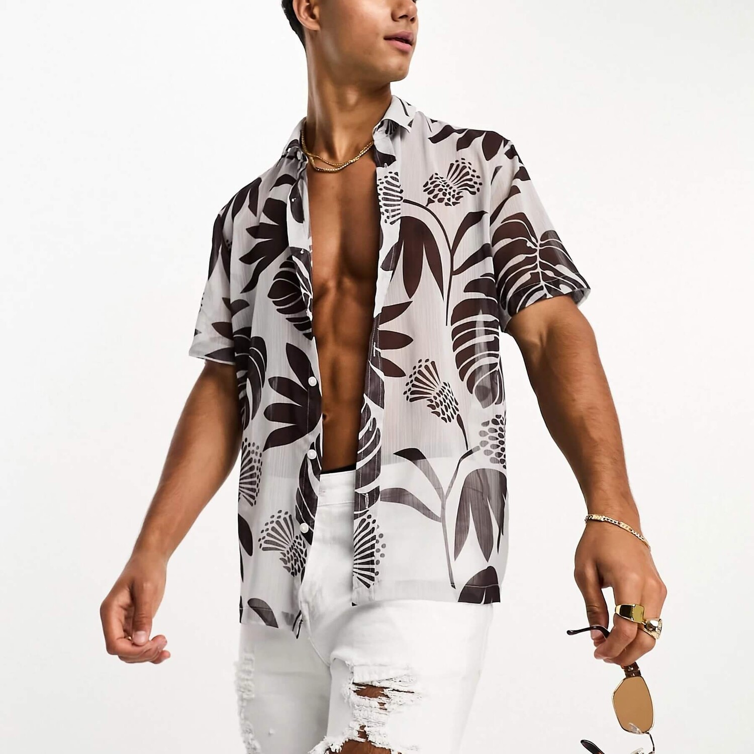 

Рубашка с коротким рукавом River Island Palm Sheer, бежевый/черный