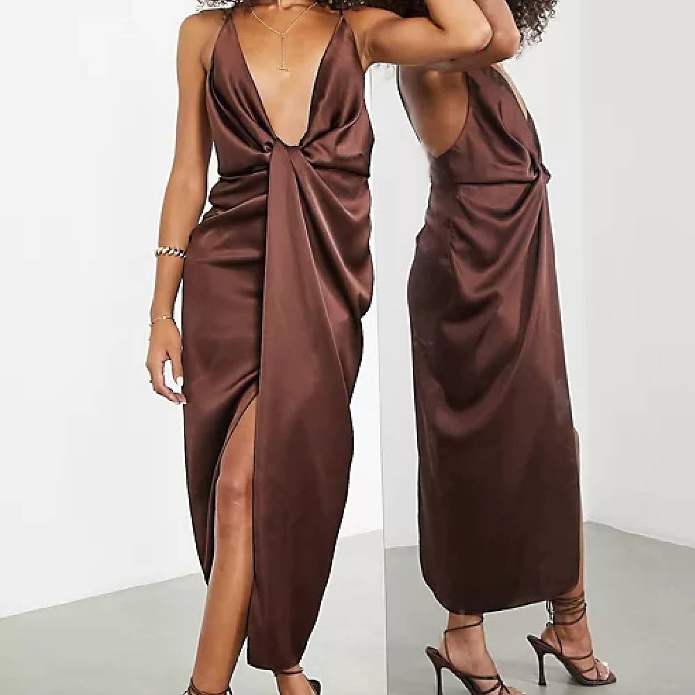 Платье Asos Edition Satin Strappy Midi, коричневый prettylittlething черное шифоновое платье миди с асимметричными бретелями и драпировкой