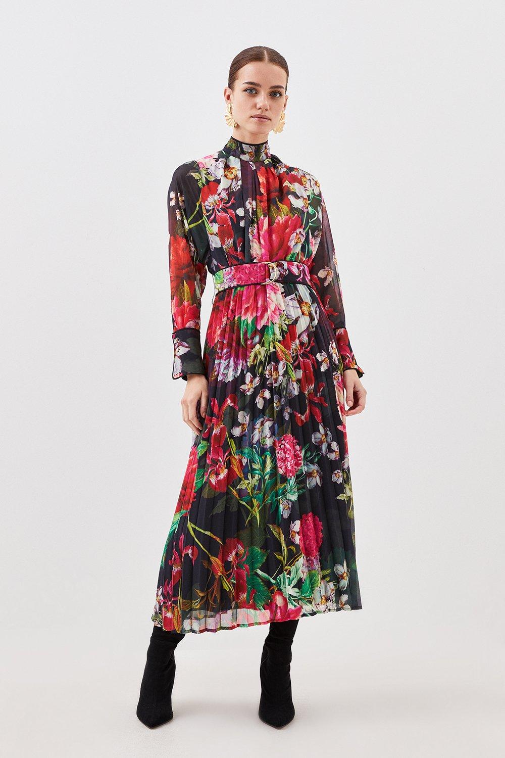 Плиссированное тканое платье макси Petite Garden с цветочным принтом и жоржетом Karen Millen, мультиколор цена и фото