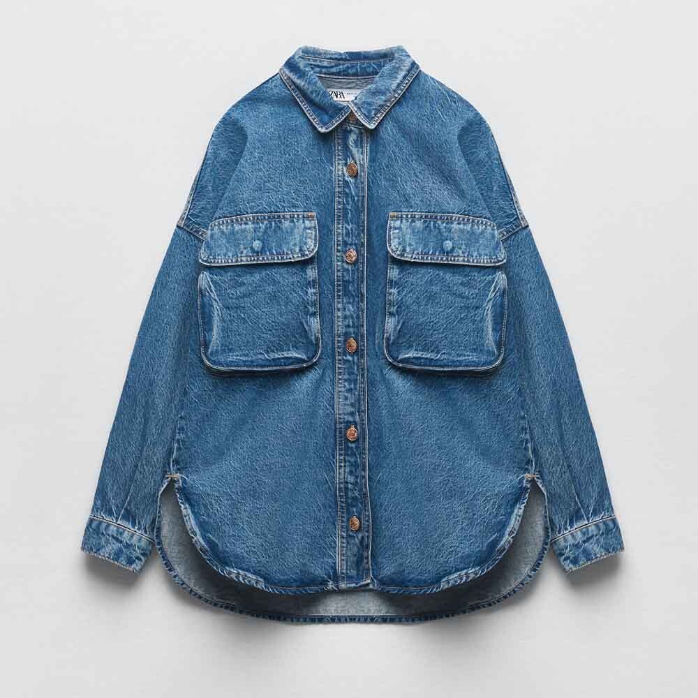 

Джинсовая куртка-рубашка Zara Patch Pockets, выцветший синий