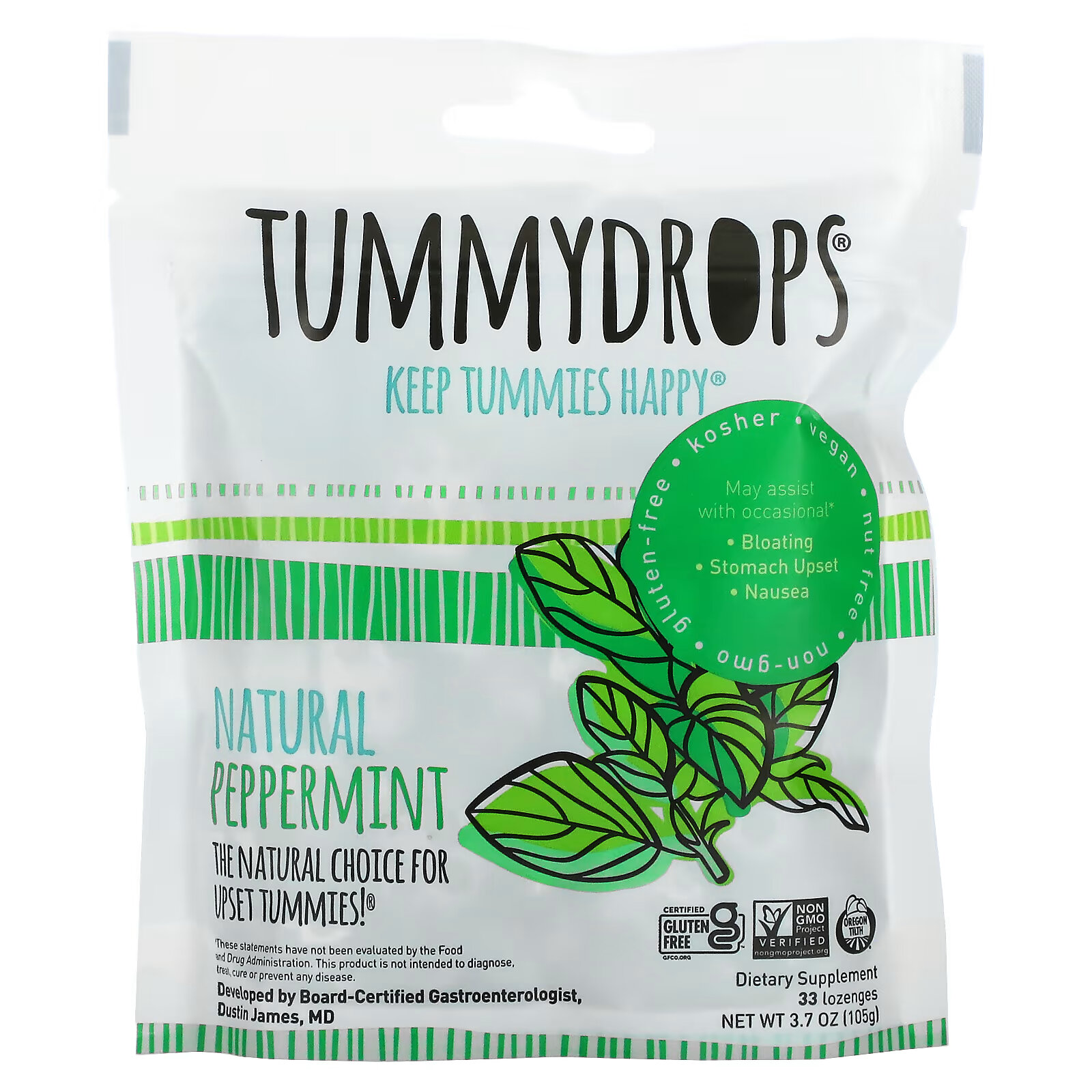 Tummydrops, Натуральная мята, 33 пастилки tummydrops органический сочный ананас имбирь и юмберри 33 пастилки 105 г 3 7 унции
