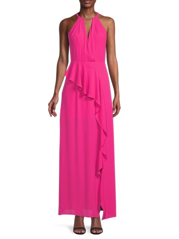 

Платье макси с вырезом халтер и развевающейся отделкой BCBGMAXAZRIA Beetroot