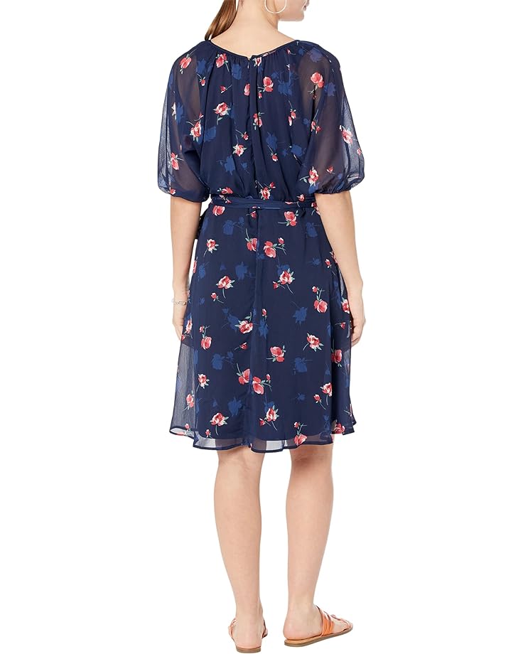 Платье DKNY Puff Sleeve V-Neck Belted Dress, цвет Shadow Floral 7858/Spring Navy/Melon Multi