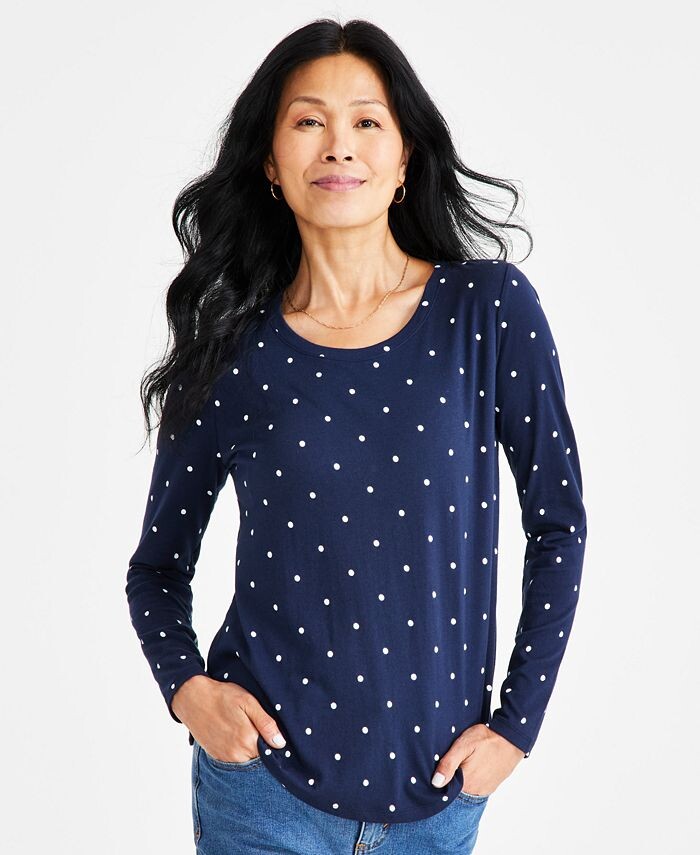 

Женский топ с круглым вырезом и длинными рукавами Style & Co, цвет Navy Dot