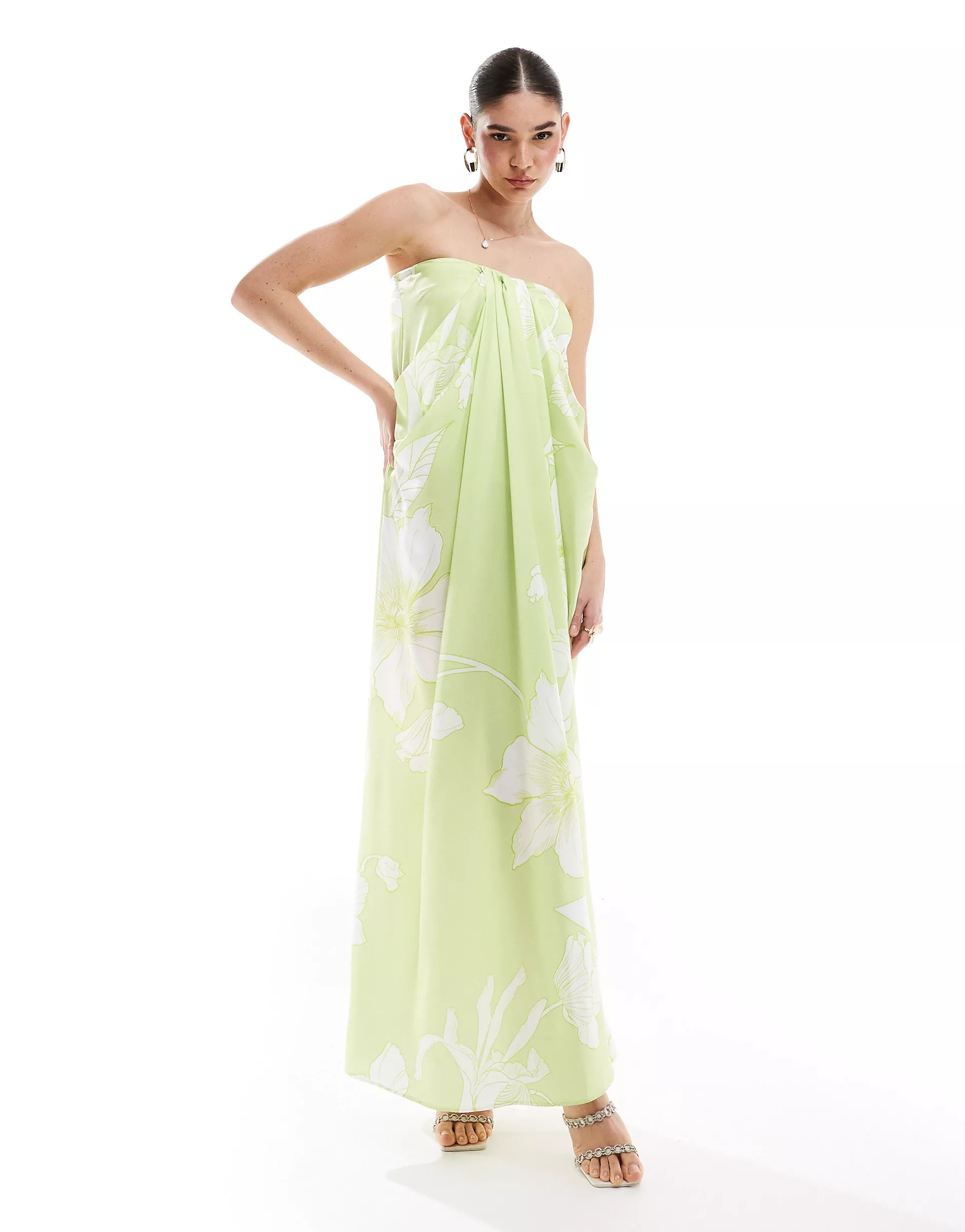 Платье миди Asos Design Satin Bandeau Drape Column, светло-зеленый