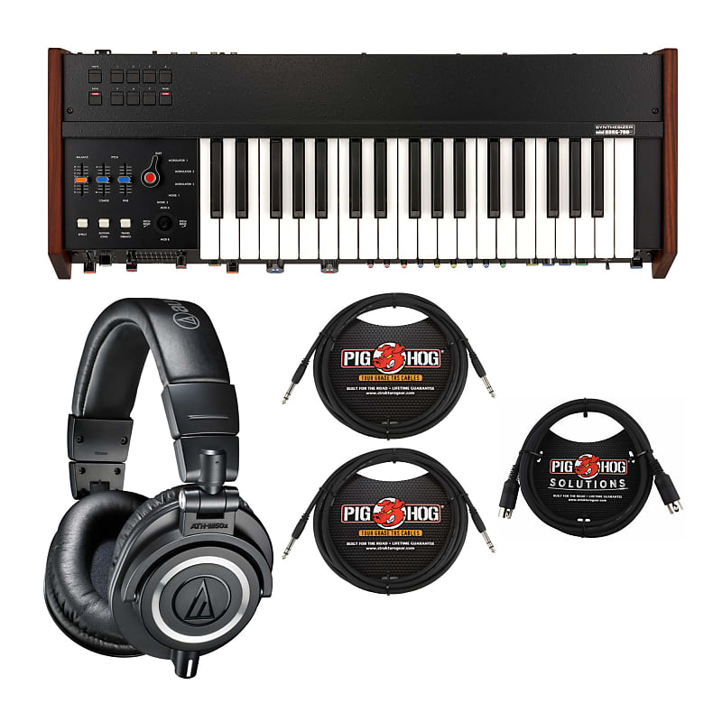 цена Комплект монофонического аналогового синтезатора Korg miniKORG 700FS с профессиональными студийными наушниками, 6-футовым MIDI-кабелем и 10-футовым 1/4-дюймовым кабелем TRS (2 шт. в упаковке)