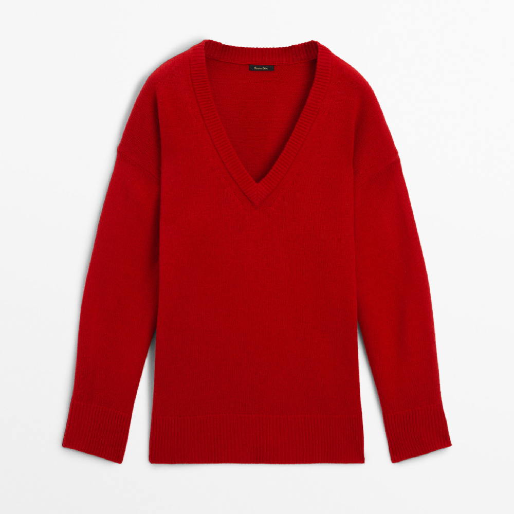 Свитер Massimo Dutti V-neck Wool Blend Knit, красный свитер massimo dutti wool blend knit polo хаки