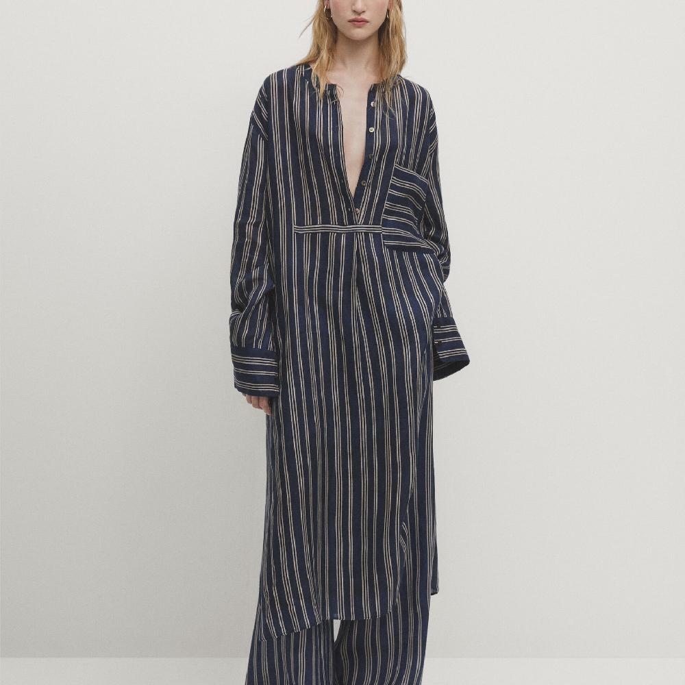 Блузка Massimo Dutti 100% Linen Striped Maxi Oversize, темно-синий/коричневый
