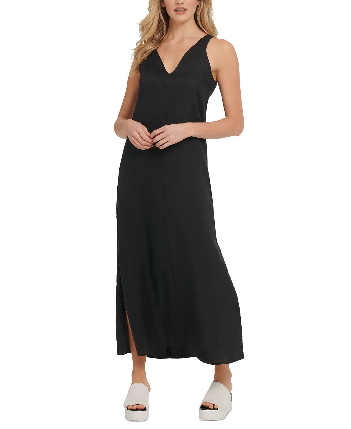 Льняное макси-платье с v-образным вырезом DKNY, черный