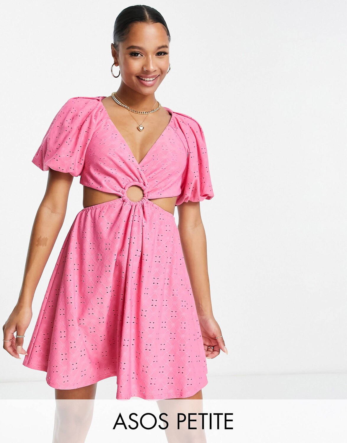 

Розовое платье мини с объемными рукавами и вырезами ASOS DESIGN Petite Petite