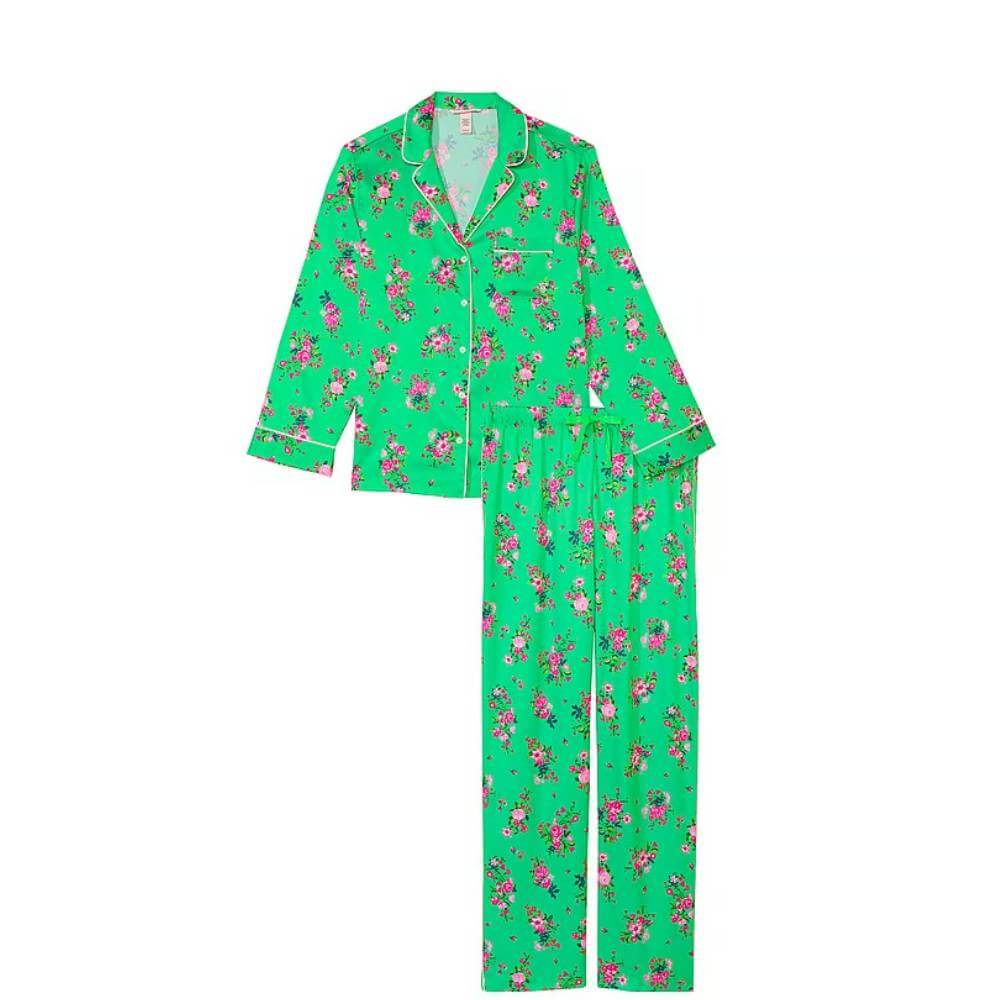 Комплект пижамный Victoria's Secret Satin Long, 2 предмета, зеленый/розовый комплект пижамный victoria s secret satin long 2 предмета синий голубой
