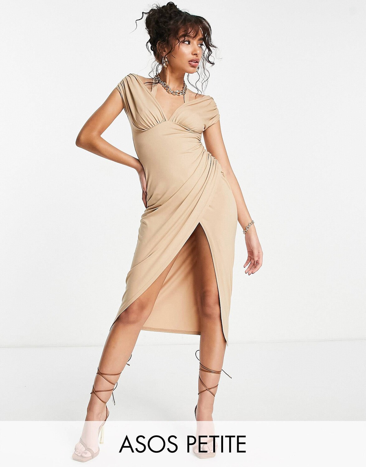 

Платье миди с открытыми плечами и рюшами ASOS DESIGN Petite из камня