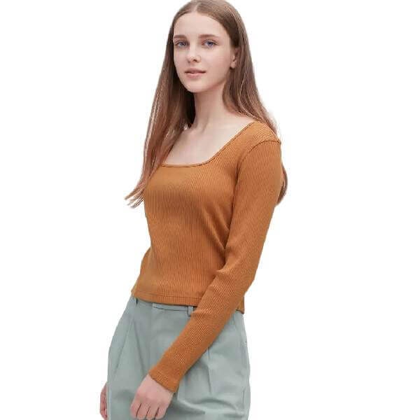 

Футболка Uniqlo Ribbed Cropped Square Neck, коричневый