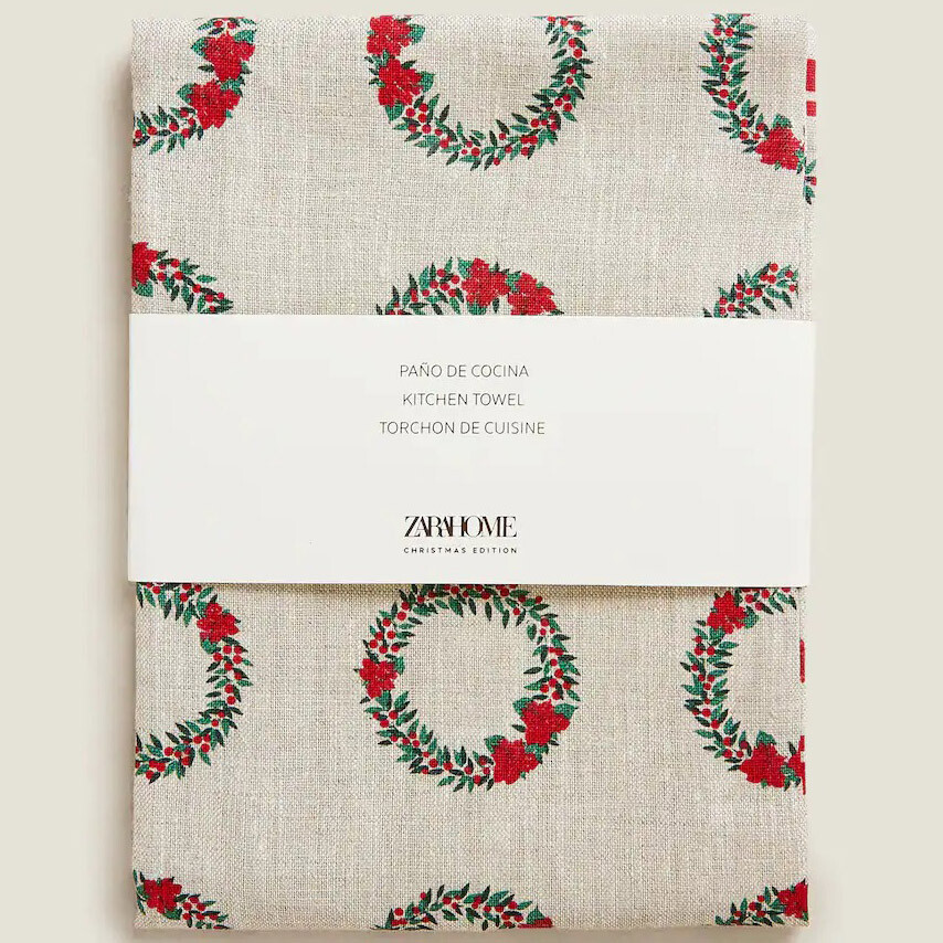 

Полотенце Zara Home Christmas Wreath Linen Tea, серый/зеленый/красный