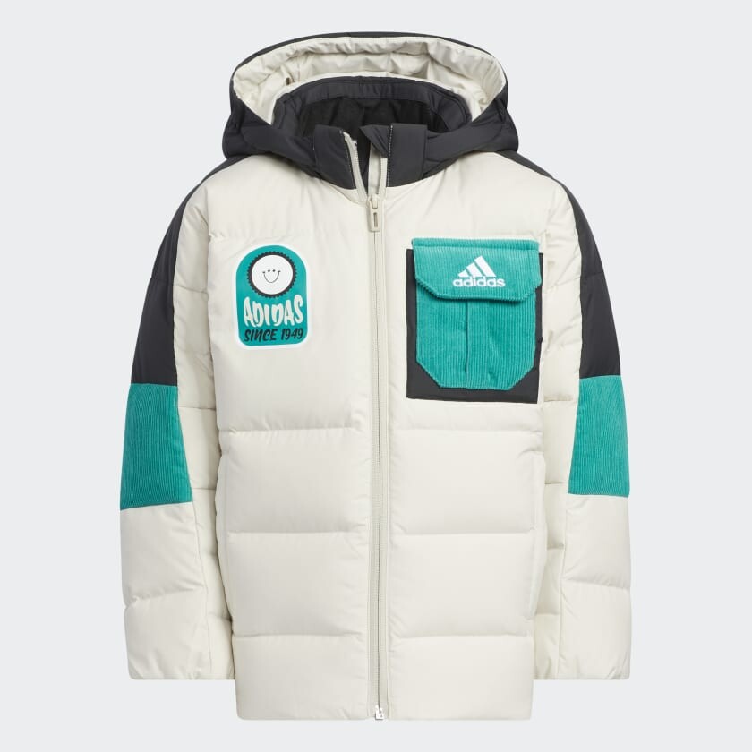 

Пуховик Adidas, бежевый/темно-серый/зеленый