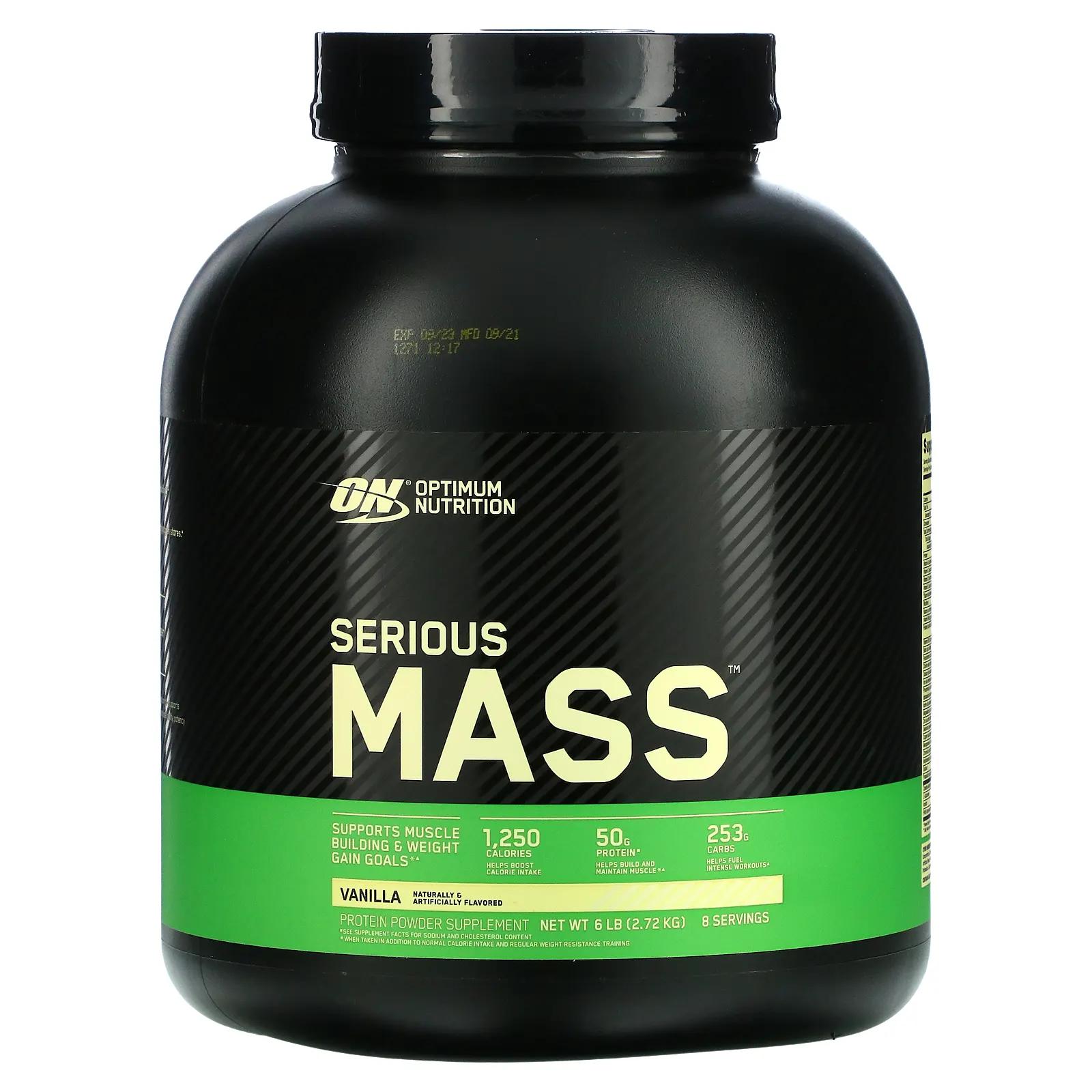 цена Optimum Nutrition Порошок Serious Mass с высоким содержанием белка для набора веса со вкусом ванили 2,72 кг