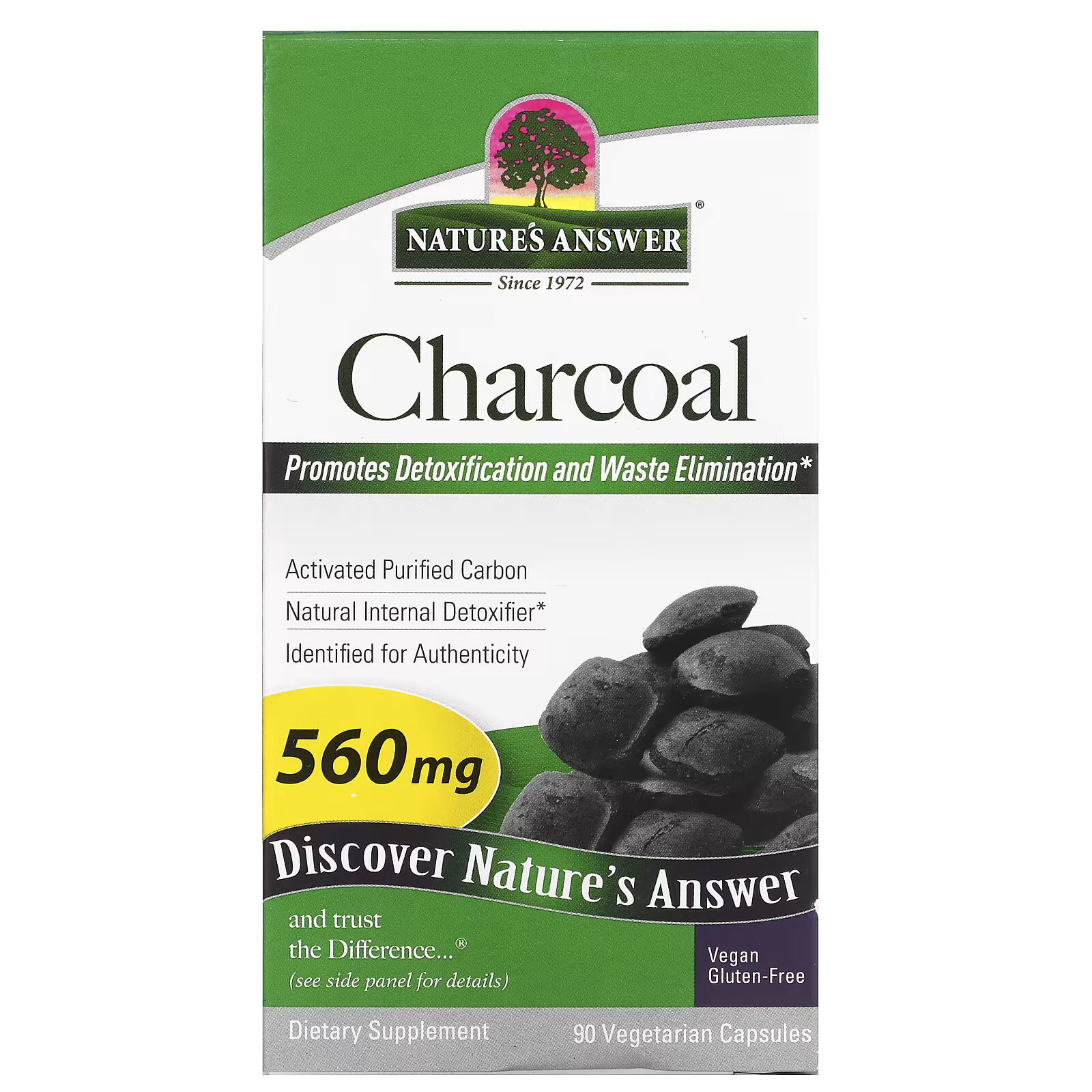 цена Nature's Answer, активированный уголь, активированный очищенный уголь, 280 мг, 90 растительных капсул