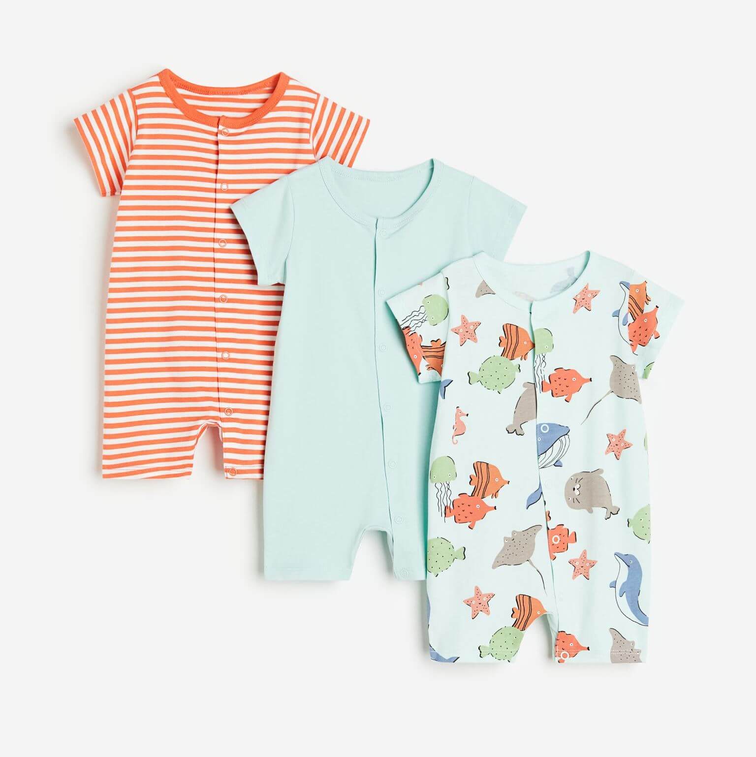 Комплект детских пижам H&M Cotton, 3 предмета, светло-бирюзовый/оранжевый