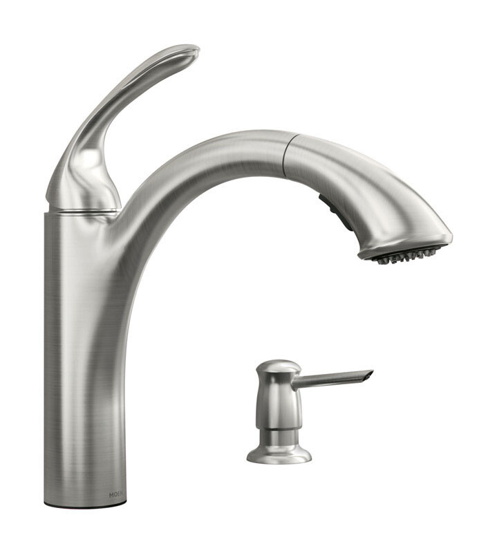 

Выдвижной кухонный кран с Дозатором Мыла Moen Kinzel, spot resist stainless