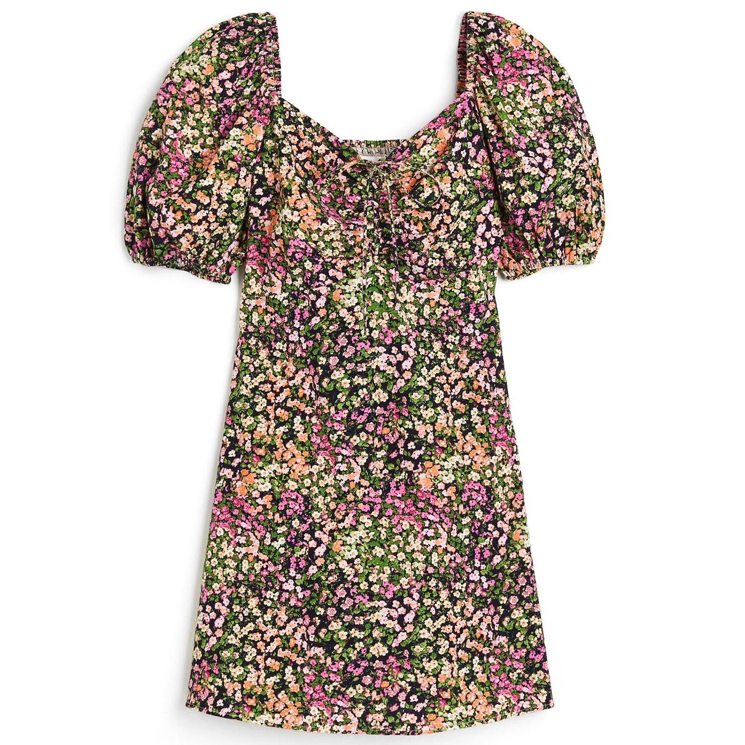 

Платье H&M Floral Puff-sleeved With Lacing, черный/мультиколор