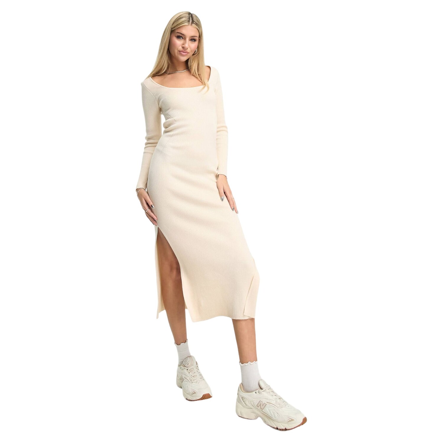 

Платье Stradivarius Scoop Neck Seamless Ribbed Midi, экрю