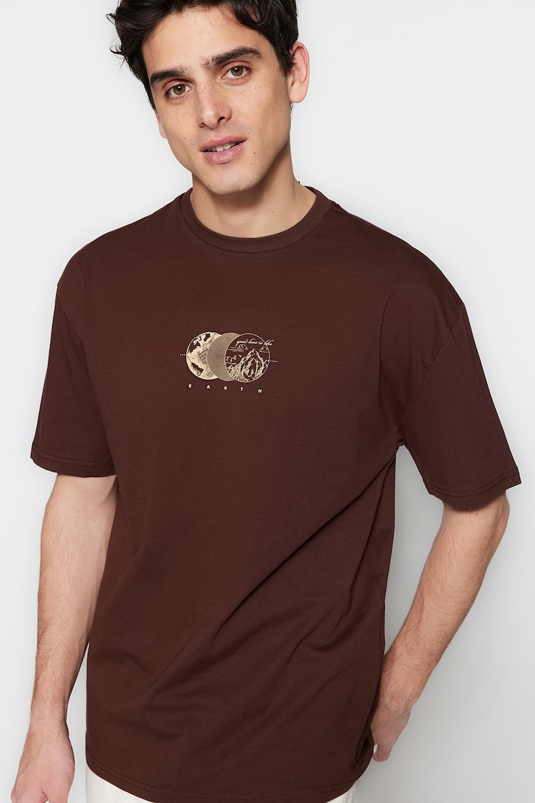 Хлопковая футболка свободного кроя Trendyol, коричневый