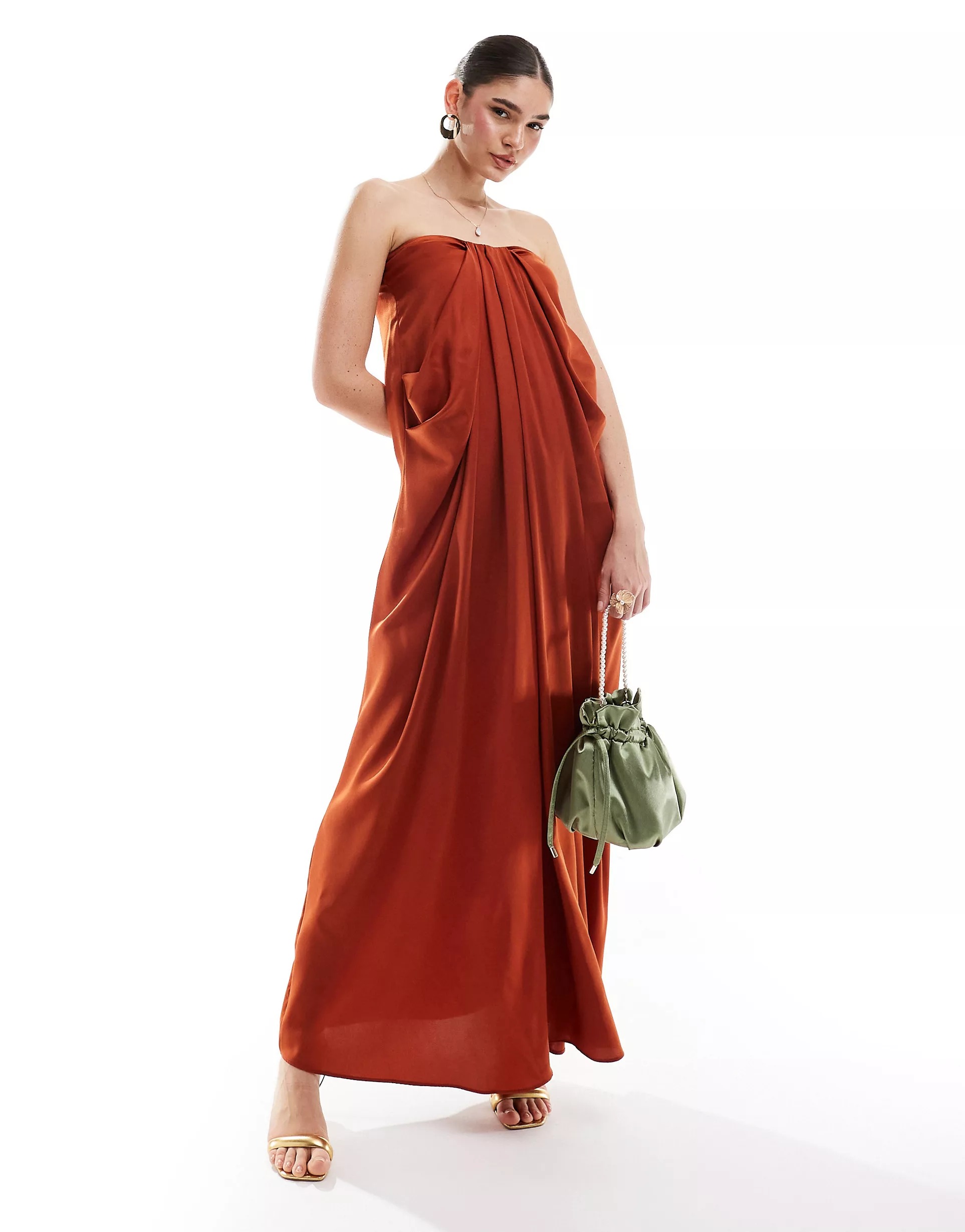 Платье миди Asos Design Satin Bandeau Drape Column, темно-красный