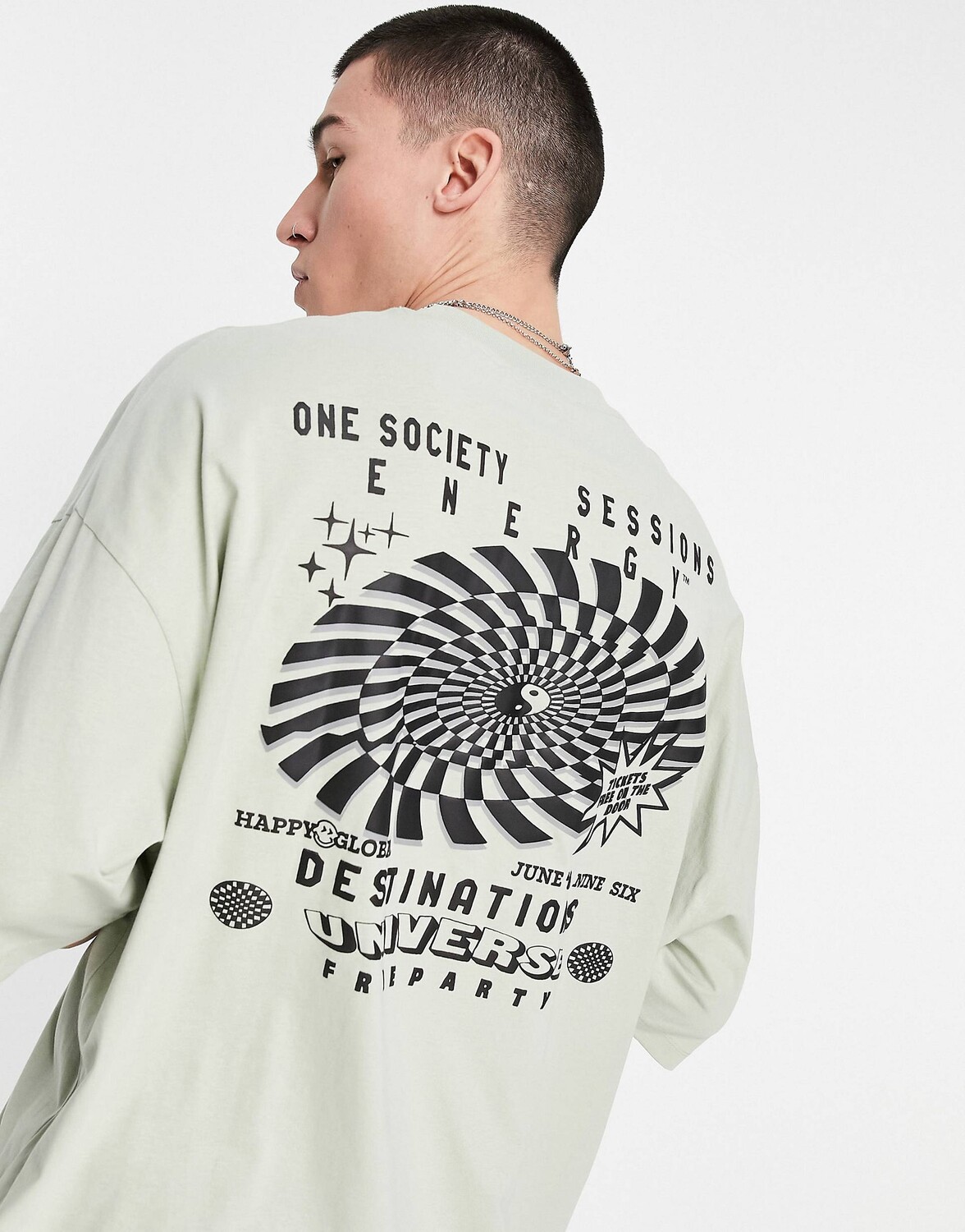 

Светло-зеленая оверсайз-футболка ASOS DESIGN с принтом в шахматную клетку на груди и пышной спиной ASOS DESIGN