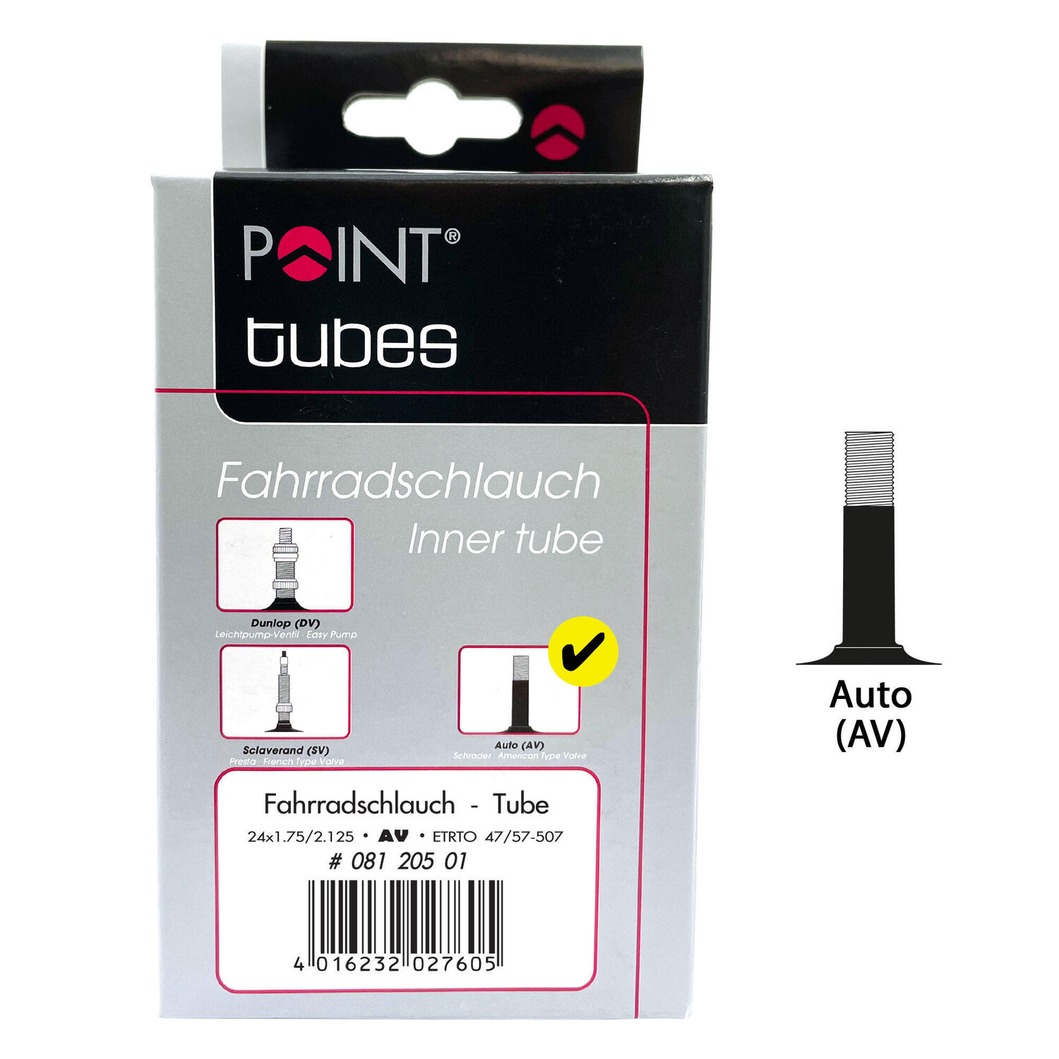 

Велосипедная трубка Point 24 x 1,75/2,125 Schrader 40 мм